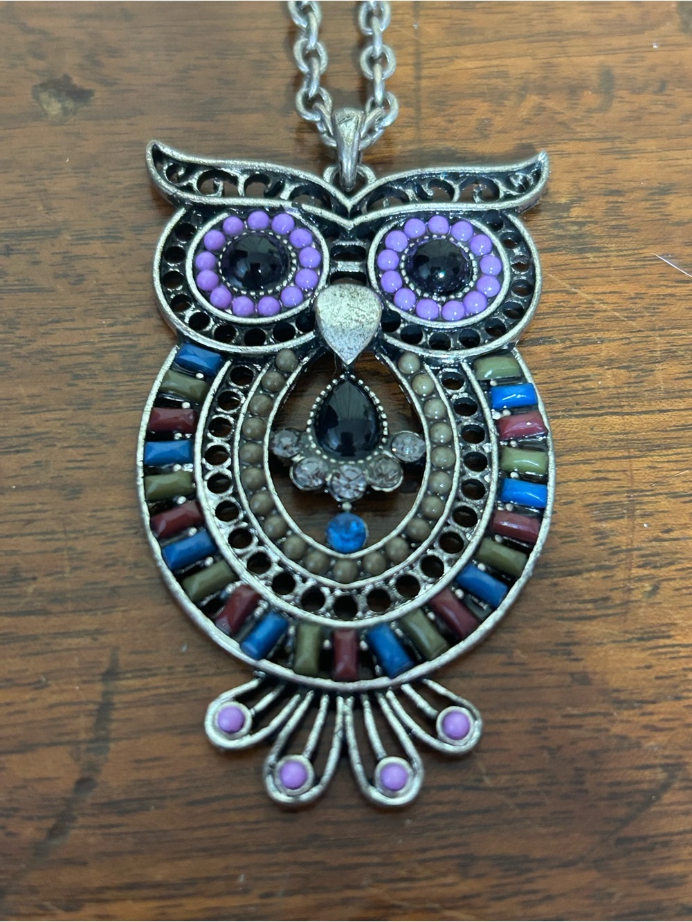 Source Unknown Owl Pendant Necklace in Purple, Blue, Red and Olive